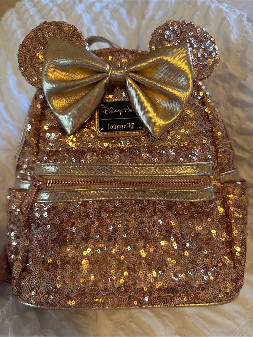 Loungefly Rose Gold Sequin Mini Backpack with Metallic Gold Bow